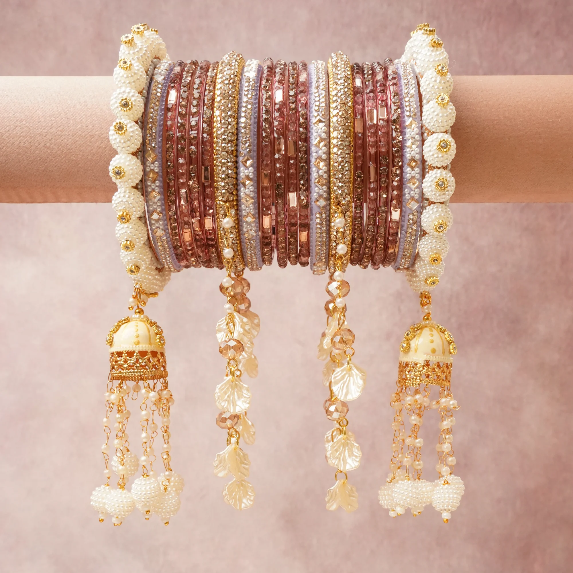A majestic Ivory and Deep Red set, complemented by Gold, Rose Mauve, Lavender Mist featuring Faux Pearls, Gold-Plated Metal, Glass, Crystal, Acrylic, Enamel.
Rich, ceremonial, and designed to be passed through generations.